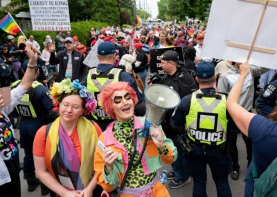 Cyril Cinder in colourful drag at a counter protest.