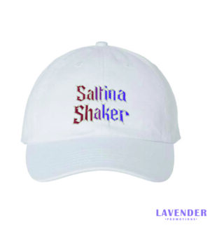 White baseball cap with Saltina Shaker logo on front.