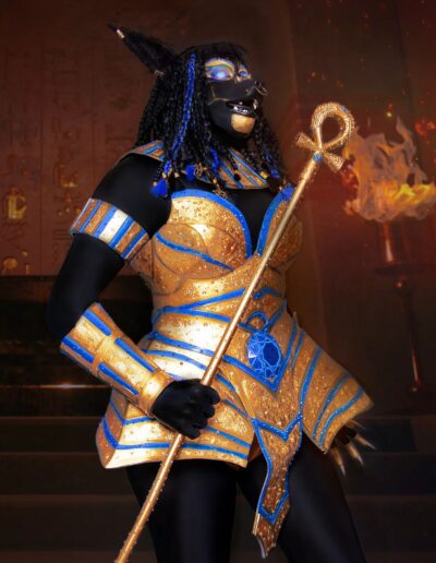 Ground-level view of Halal Bae dressed as Anubis, gazing forward and holding a staff.