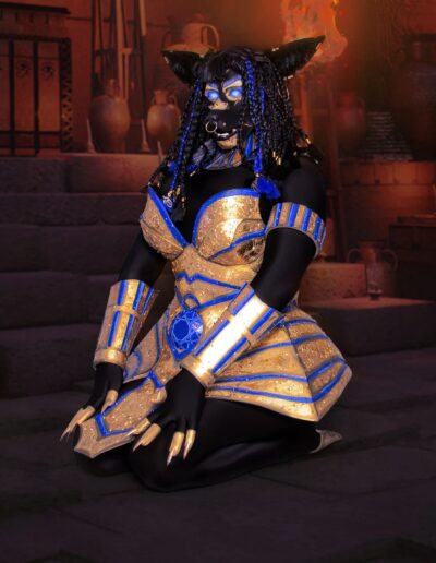 Halal Bae dressed as Anubis, kneeling on the ground and facing slightly to the left of the camera.